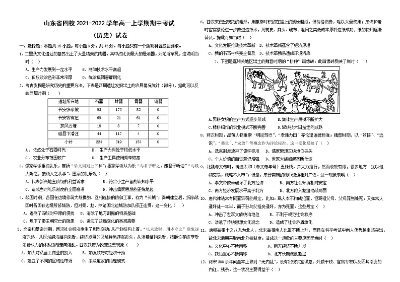 2021-2022学年山东省四校高一上学期期中考试历史试题解析版第1页
