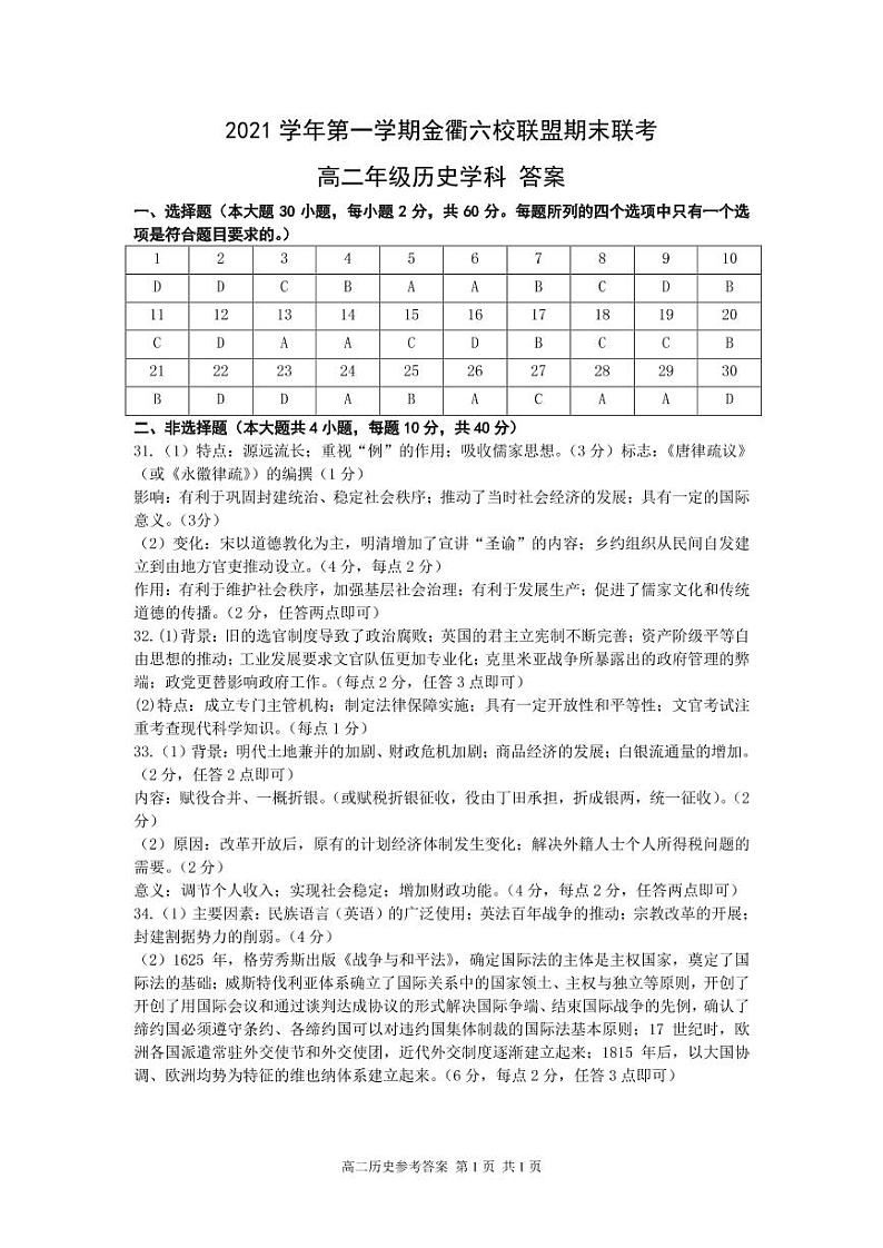 浙江省金衢六校联盟2021-2022学年高二上学期期末联考试题历史含答案01