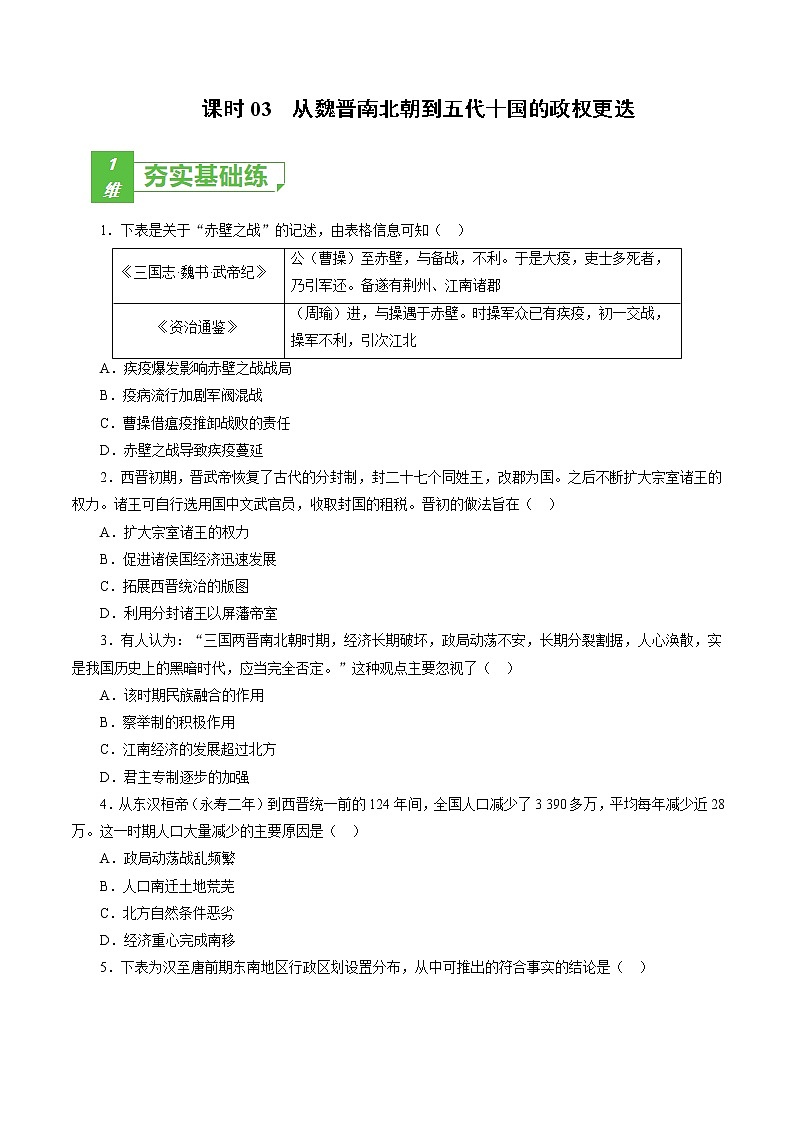 课时03 从魏晋南北朝到五代十国的政权更迭-2022年高考历史一轮复习小题多维练（新高考版）01
