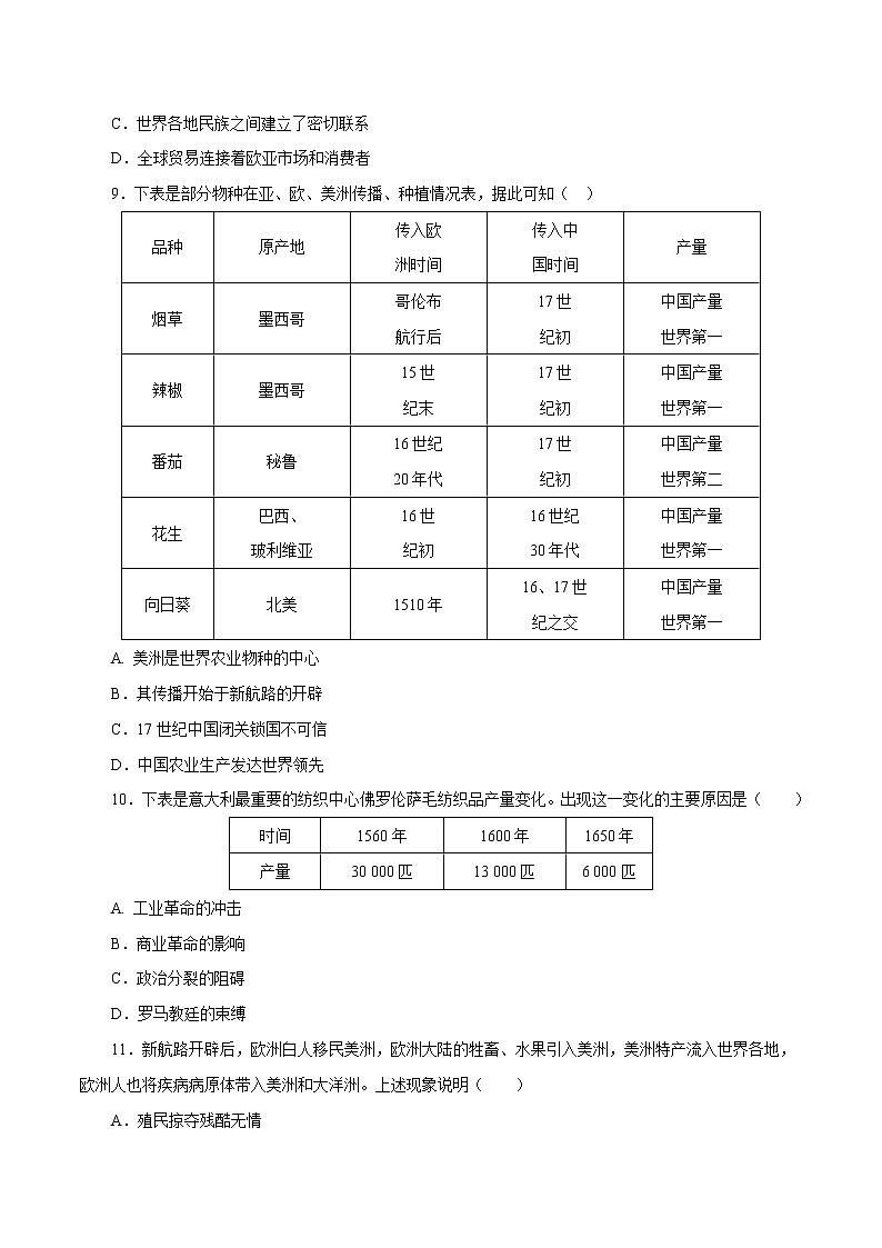 课时23 全球航路的开辟、全球联系的初步建立与世界格局的演变（原卷版）-2022年高考历史一轮复习小题多维练（新高考版）第3页