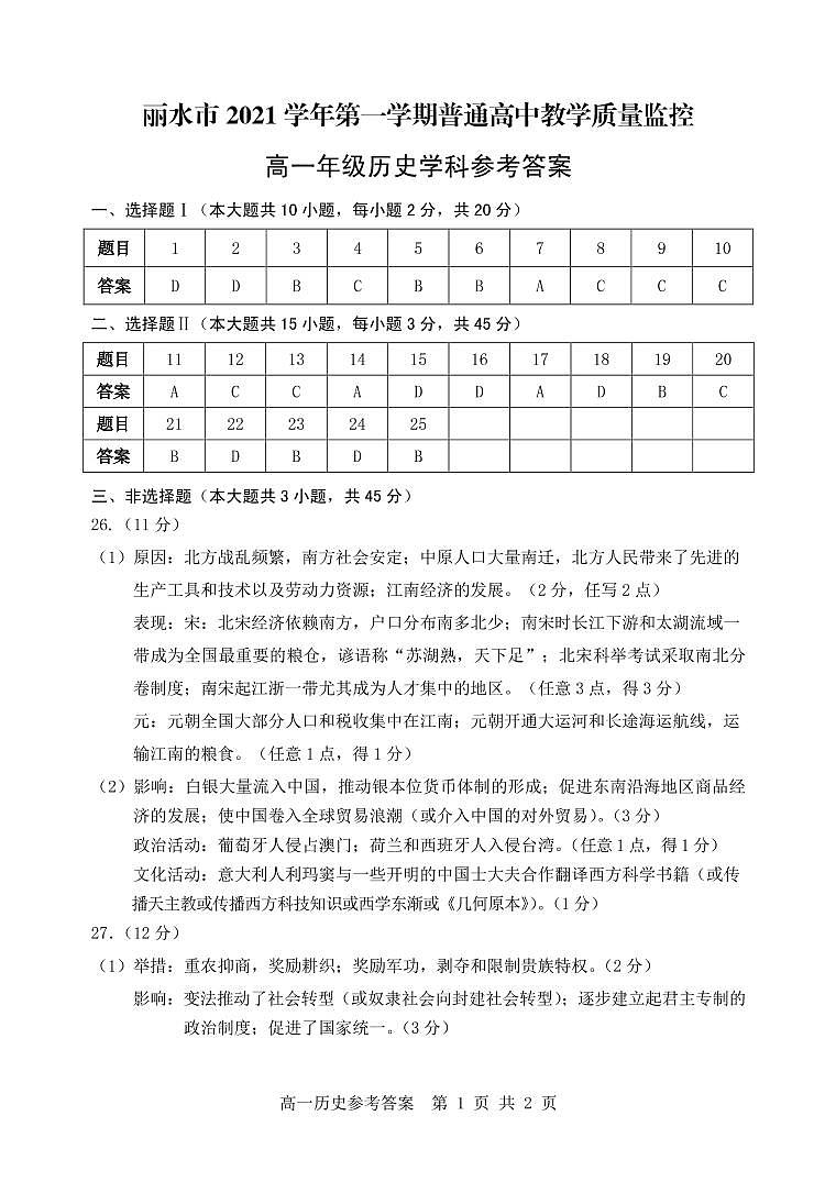 浙江省丽水市2021-2022学年高一上学期普通高中教学质量监控（期末）历史答案第1页