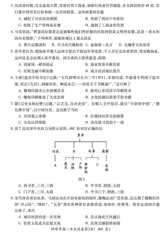 安徽省蚌埠市2021-2022学年高一上学期期末学业水平监测历史试题PDF版含答案02