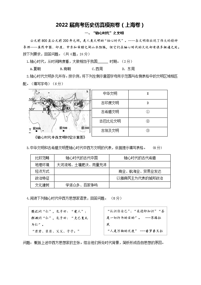2022届上海市高考历史仿真模拟卷01