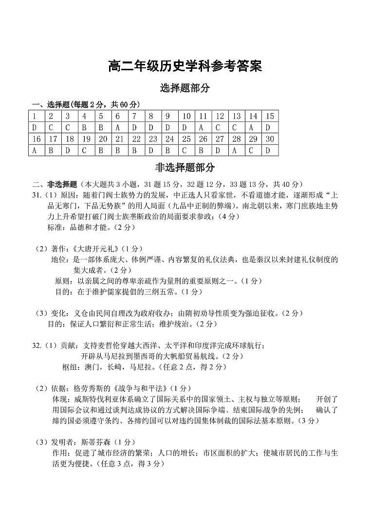 浙江省台州市书生中学2021-2022学年高二下学期起始考历史高二历史答案第1页