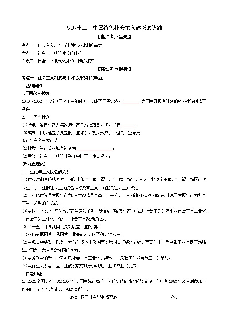 专题十三中国特色社会主义建设的道路（原卷版）第1页