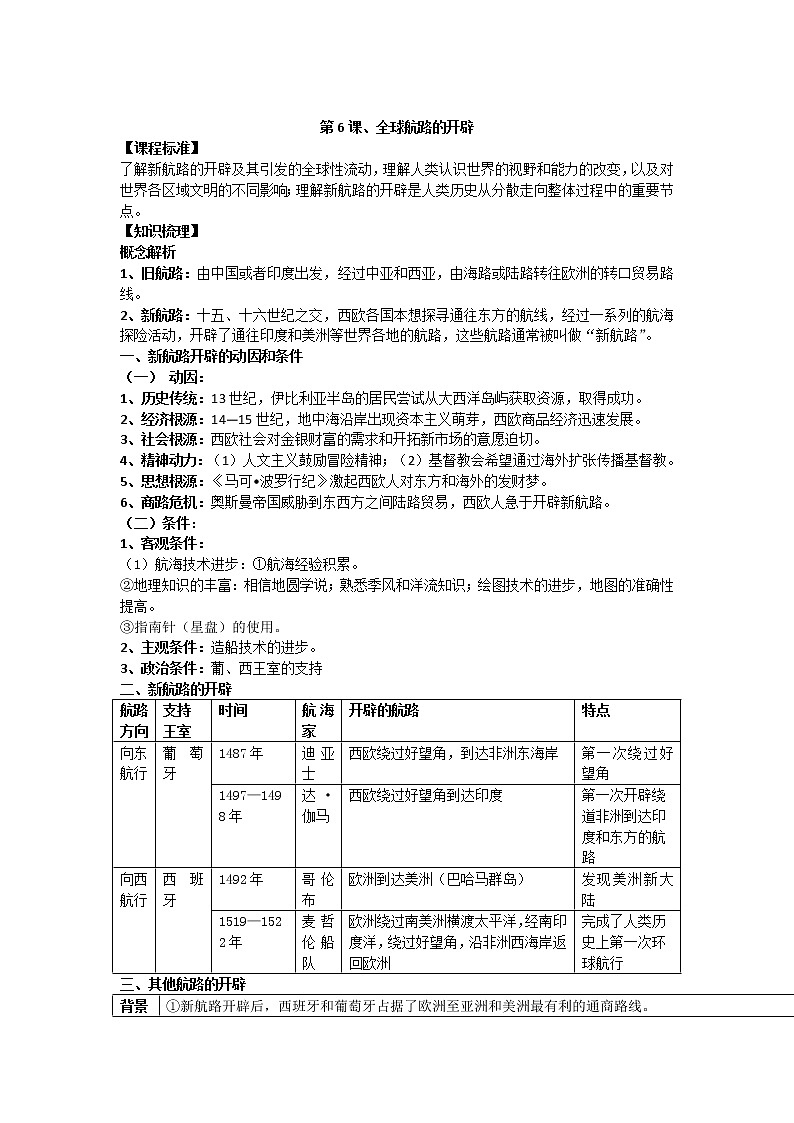 2021-2022学年部编版历史+中外历史纲要（下）教案+第6课、全球航路的开辟第1页