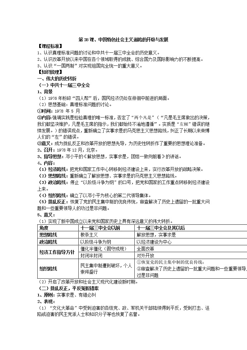 2021-2022学年部编版历史+中外历史纲要（上）教案+第28课、中国特色社会主义道路的开辟与发展01