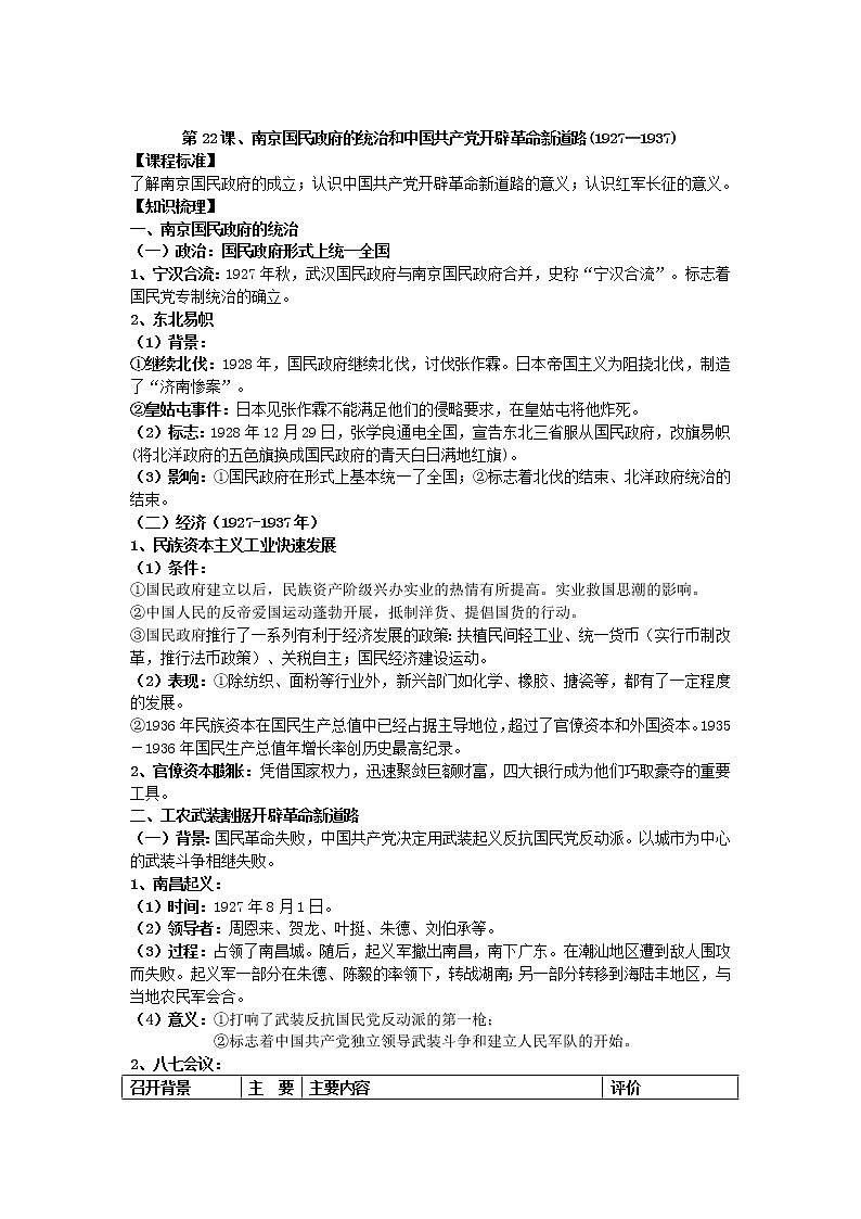2021-2022学年部编版历史+中外历史纲要（上）教案+第22课、南京国民政府的统治和中国共产党开辟革命新道路第1页