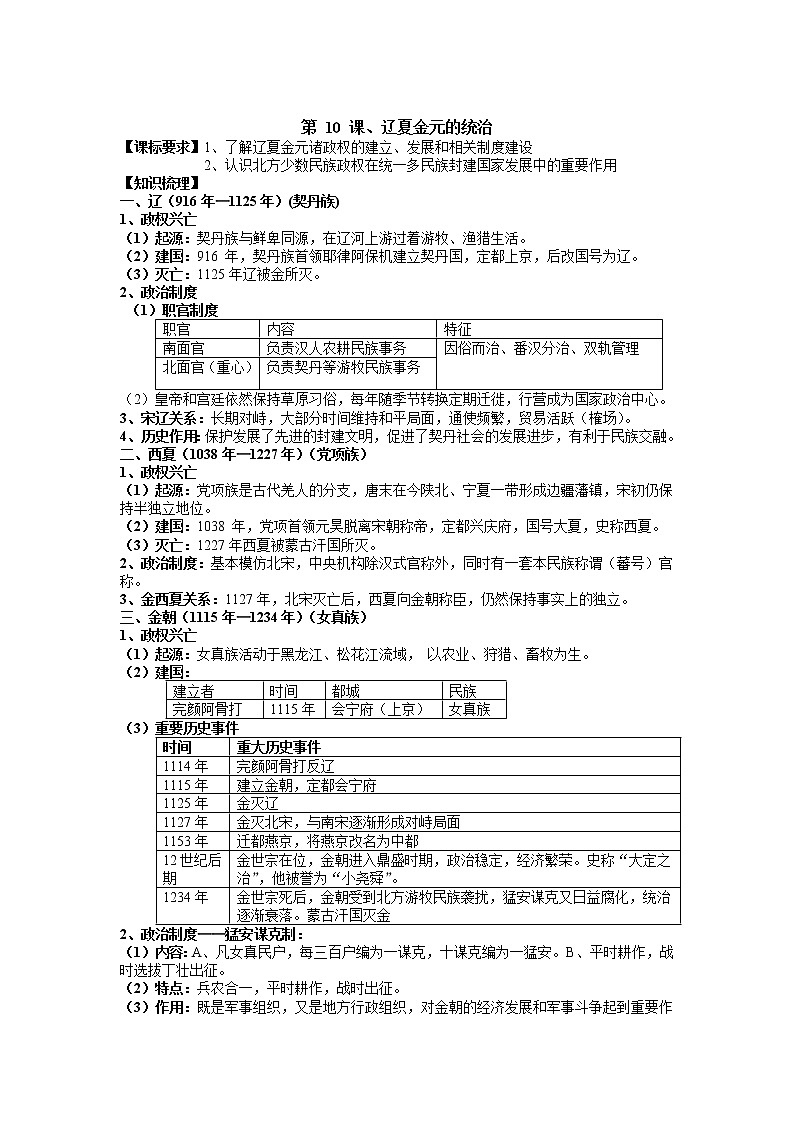 2021-2022学年部编版历史+中外历史纲要（上）教案+第10课、辽夏金元的统治01