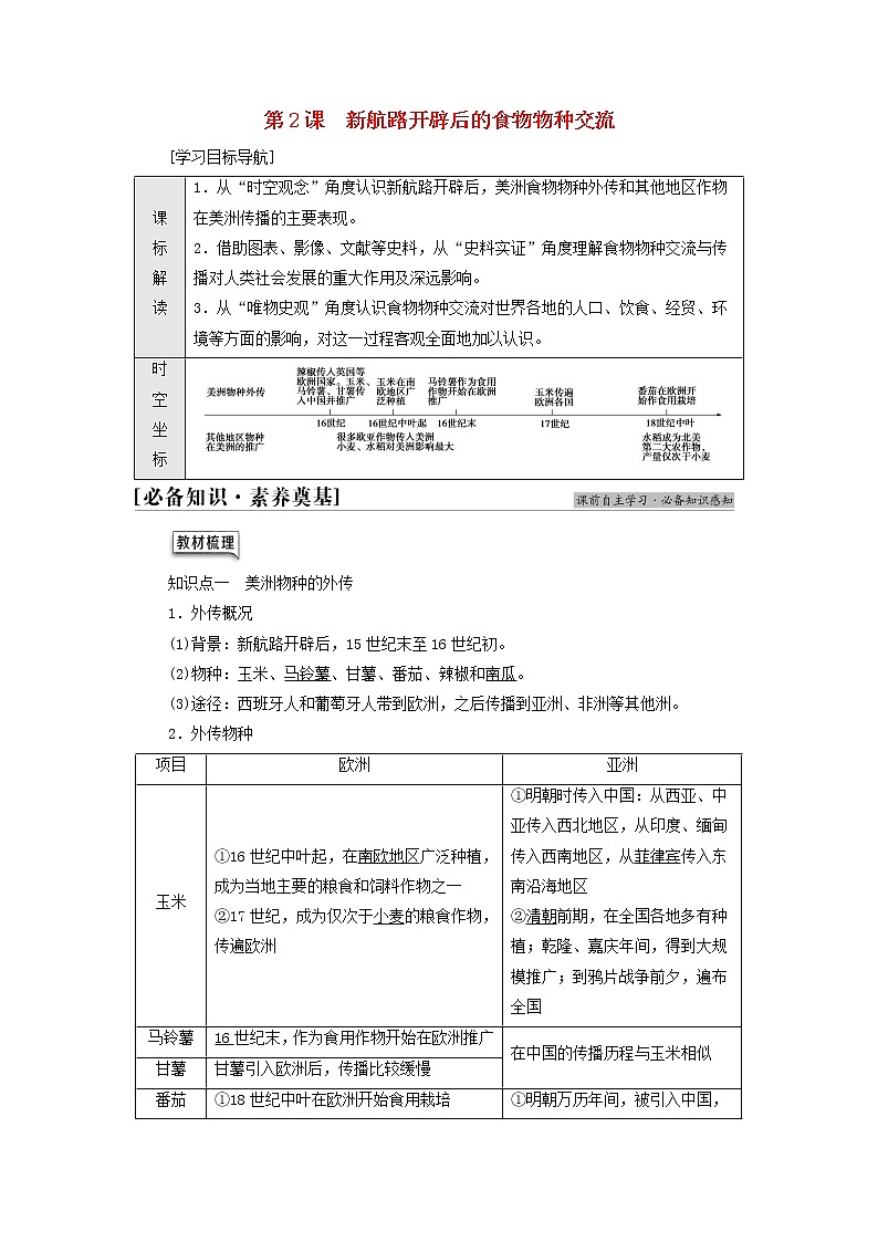 2021_2022学年新教材高中历史第1单元食物生产与社会生活第2课新航路开辟后的食物物种交流学案部编版选择性必修201