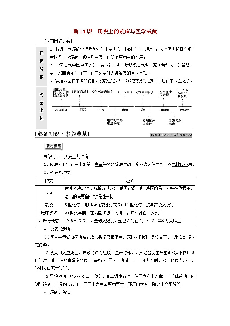 2021_2022学年新教材高中历史第6单元医疗与公共卫生第14课历史上的疫病与医学成就学案部编版选择性必修201