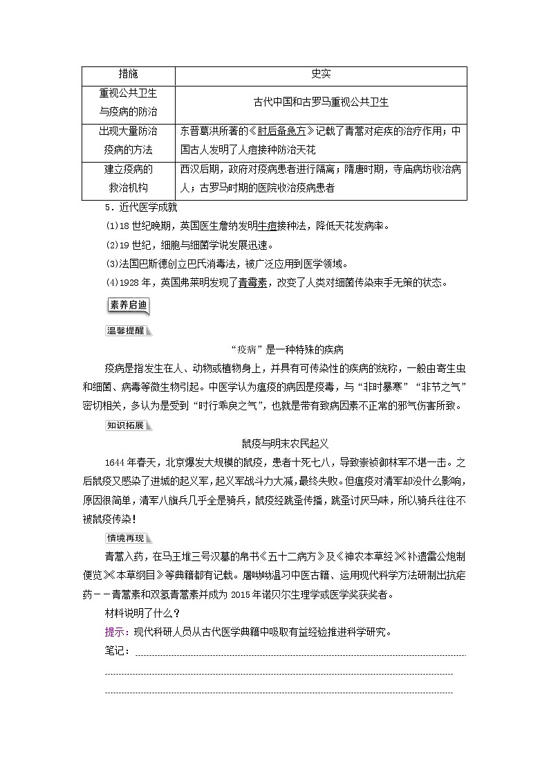 2021_2022学年新教材高中历史第6单元医疗与公共卫生第14课历史上的疫病与医学成就学案部编版选择性必修202