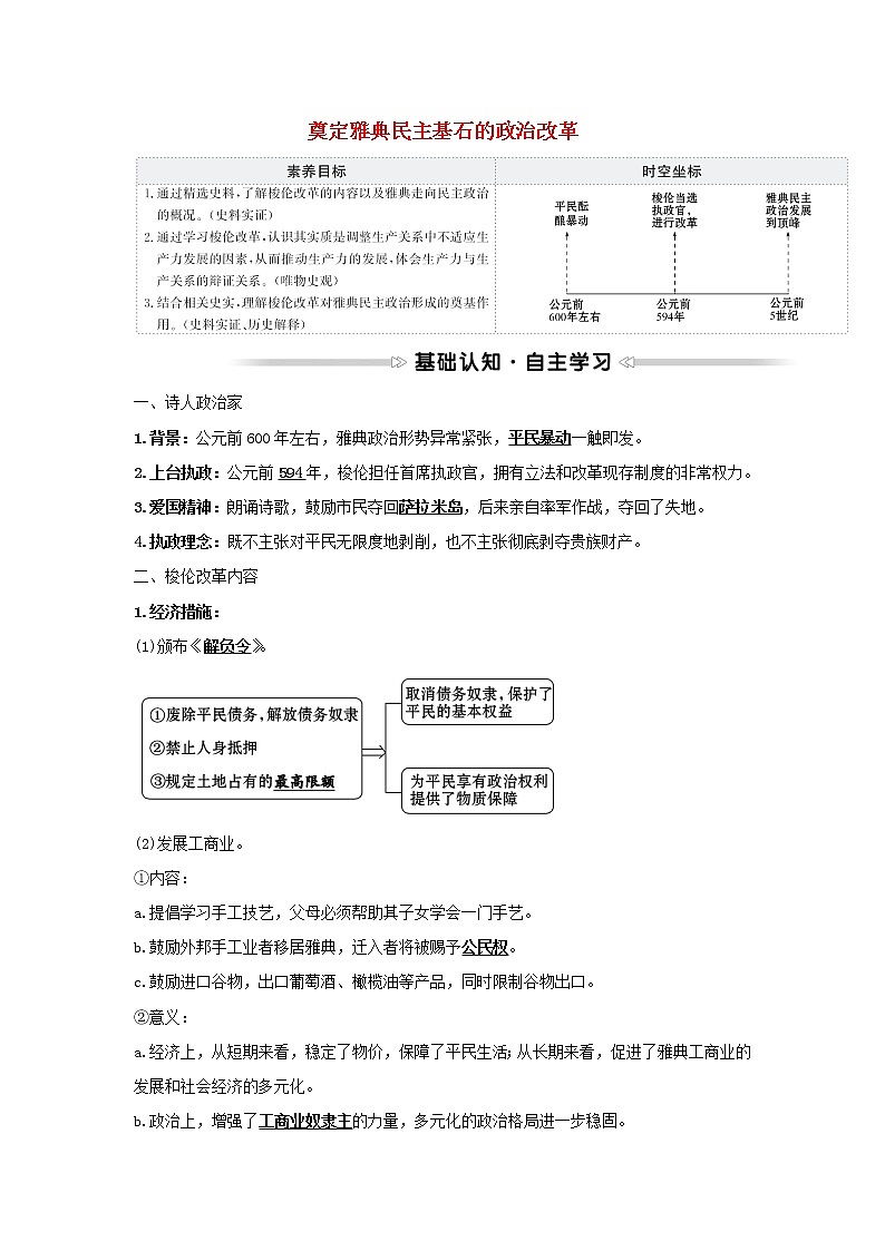 2021_2022高中历史专题一梭伦改革二奠定雅典民主基石的政治改革学案人民版选修101