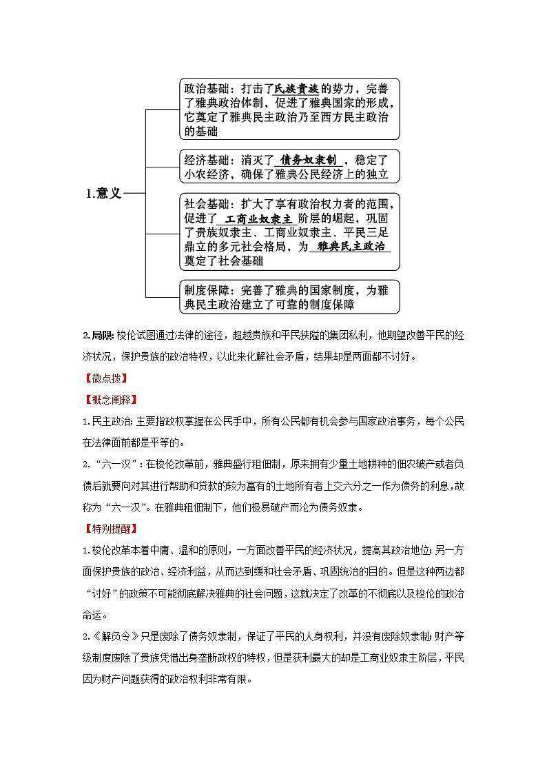 2021_2022高中历史专题一梭伦改革二奠定雅典民主基石的政治改革学案人民版选修103