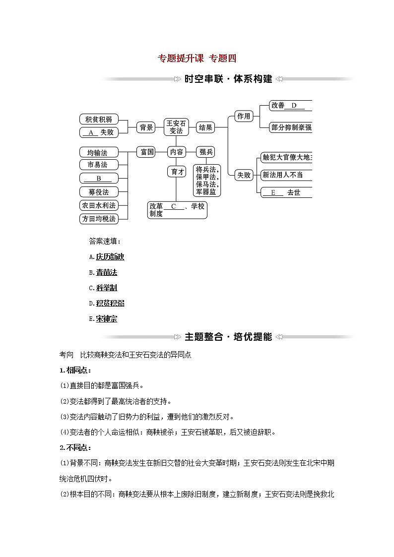 2021_2022高中历史专题四王安石变法专题提升课学案人民版选修101
