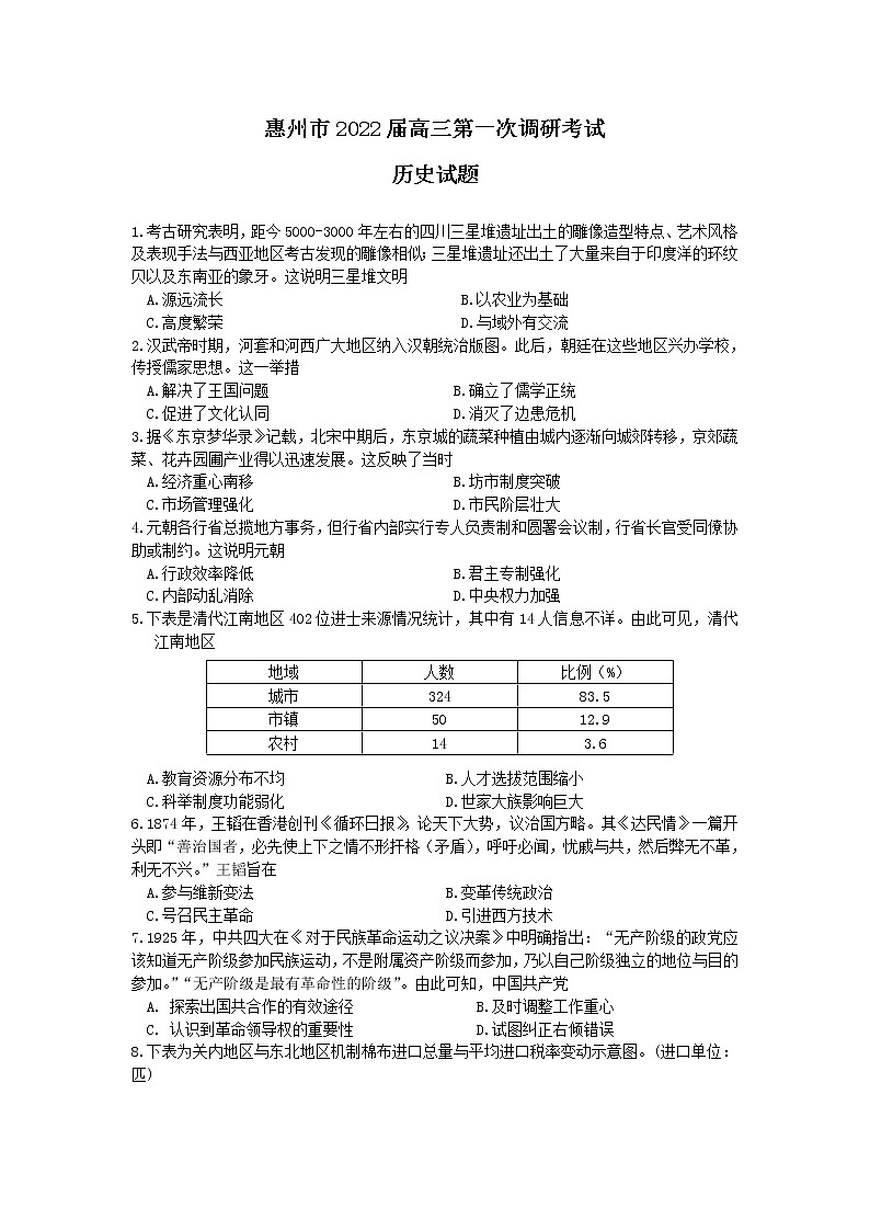 2022届广东省惠州高三一模历史试卷及答案01