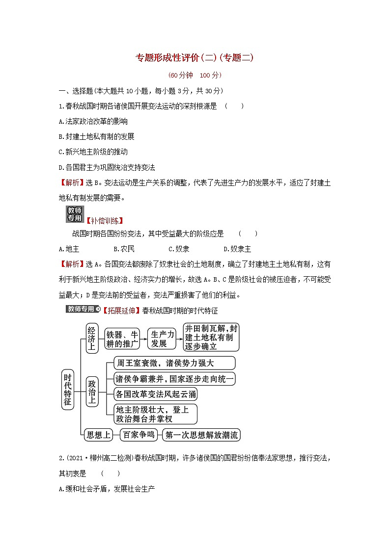 2021_2022高中历史专题二商鞅变法专题练习含解析人民版选修101