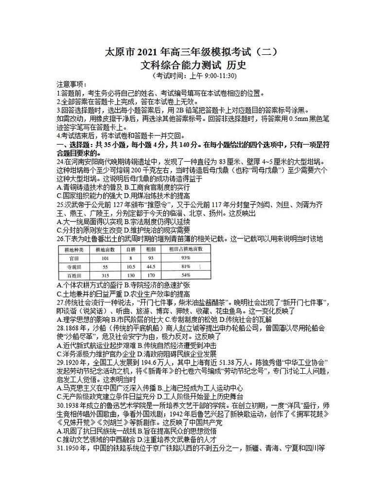 山西省太原市2021届高三4月模拟考试（二）文综历史试题含答案第1页