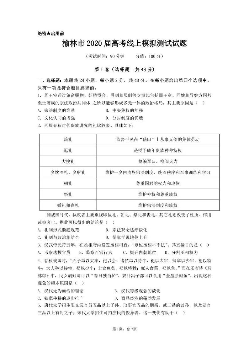 陕西省榆林市2020届高三下学期高考线上模拟测试（二模）历史试题含答案01