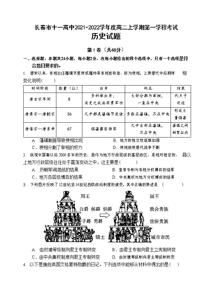 2021-2022学年吉林省长春市十一高中高二上学期第一学程考试历史试题含解析01