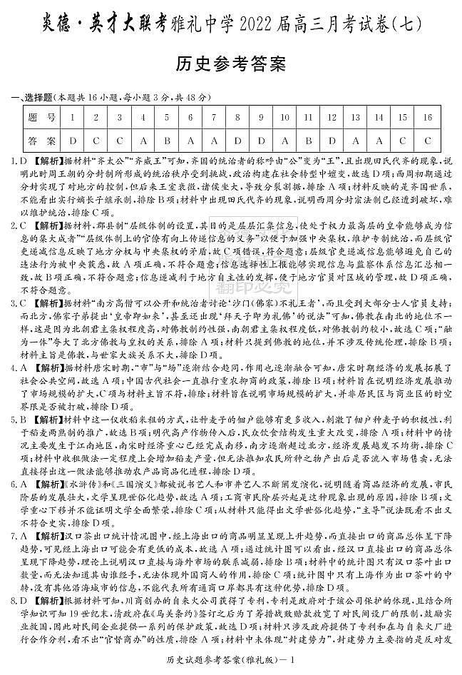 2022长沙雅礼中学高三下学期第七次月考历史试题PDF版含解析01