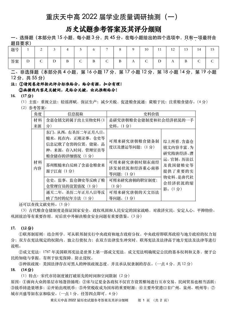 重庆市天星桥中学2022届高三学业质量调研抽测（一）历史试题及答案01