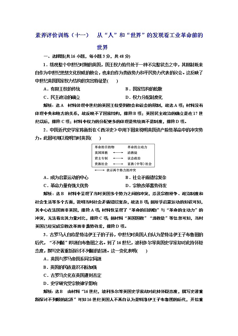 2022届新高考历史二轮复习 素养评价训练（十一）  从“人”和“世界”的发现看工业革命前的世界 作业第1页