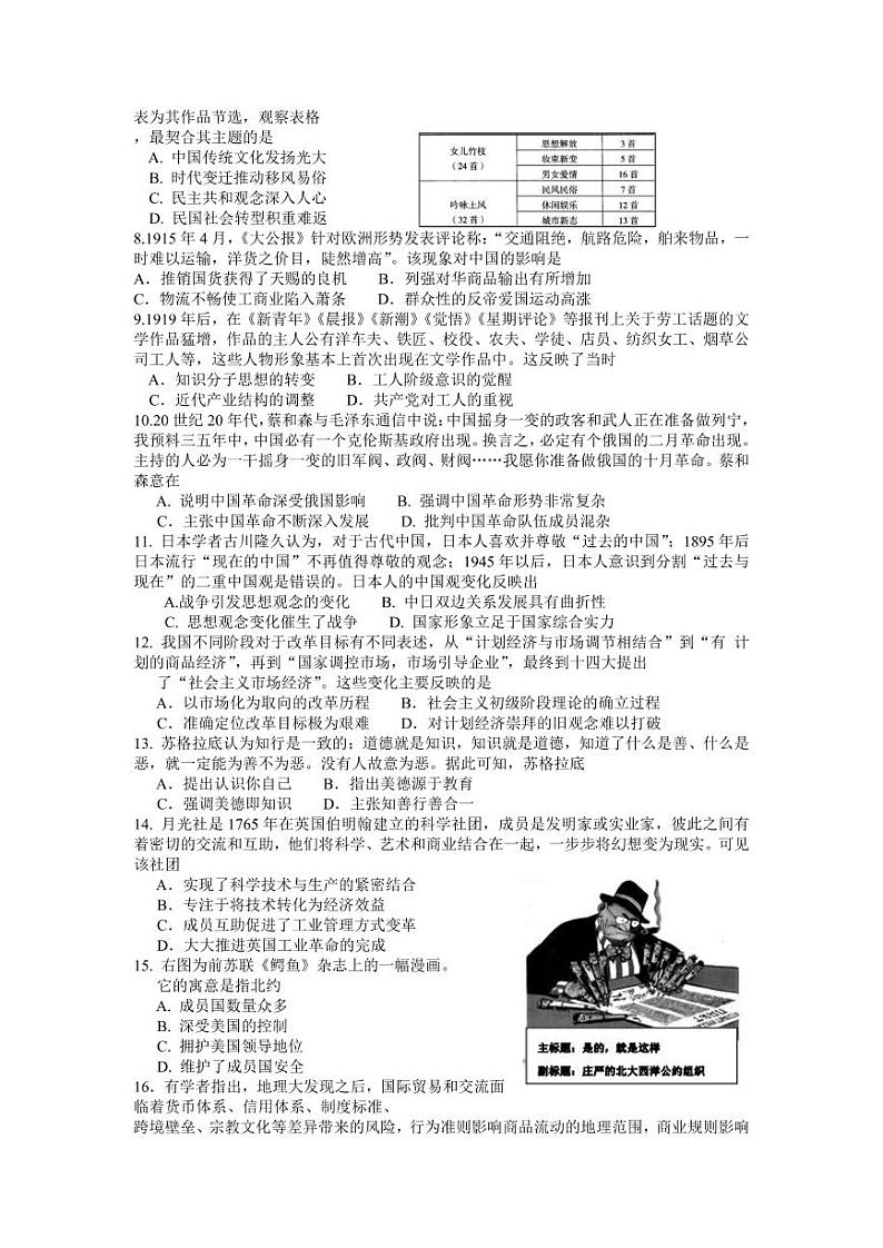 江苏省苏锡常镇四市2021-2022学年高三下学期3月教学调研（一）（一模）历史试卷含答案可编辑02