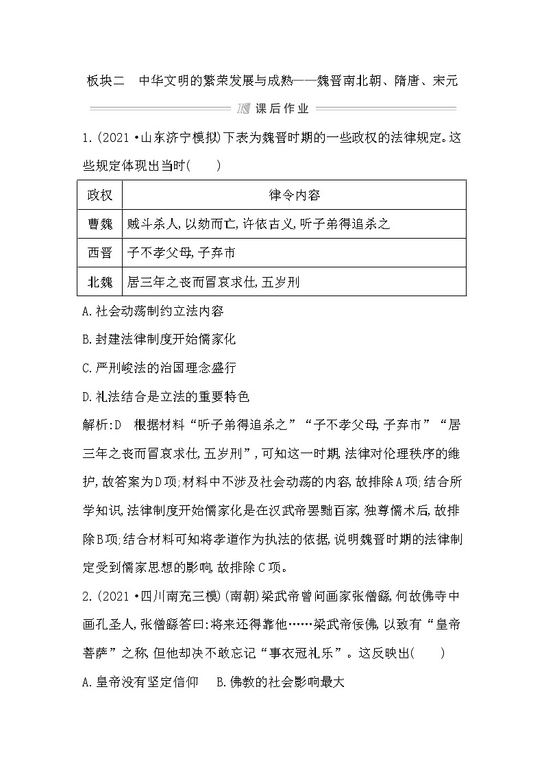 2022届二轮复习二　中华文明的繁荣发展与成熟—魏晋南北朝、隋唐、宋元 作业（福建专用）第1页