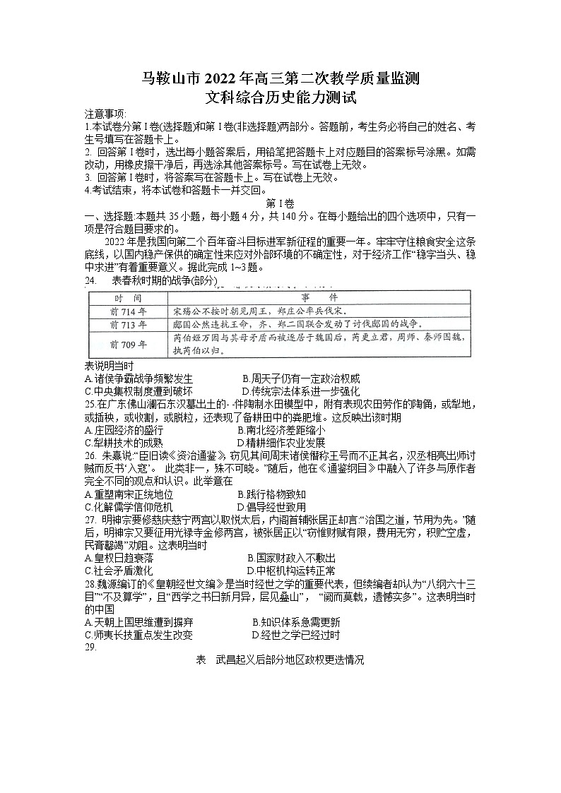 2022届安徽省马鞍山市高三第二次教学质量监测（二模）文科综合历史试题 含答案01
