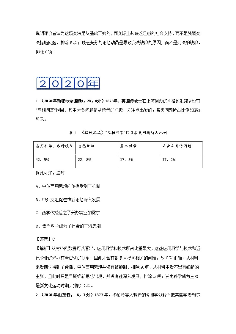 三年高考（2019-2021）历史试题分项汇编专题10近现代中国思想、文化、教育-含答案第3页