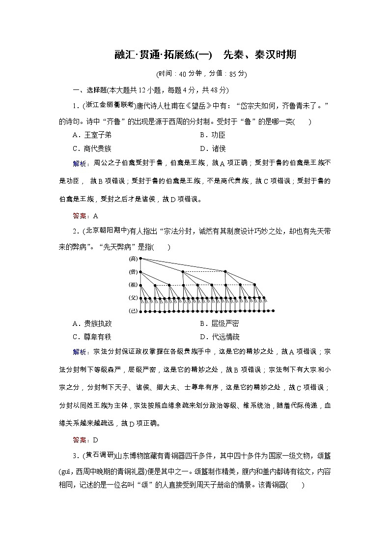 高考历史二轮专题复习文档：拓展练1 先秦、秦汉时期（含详解）第1页