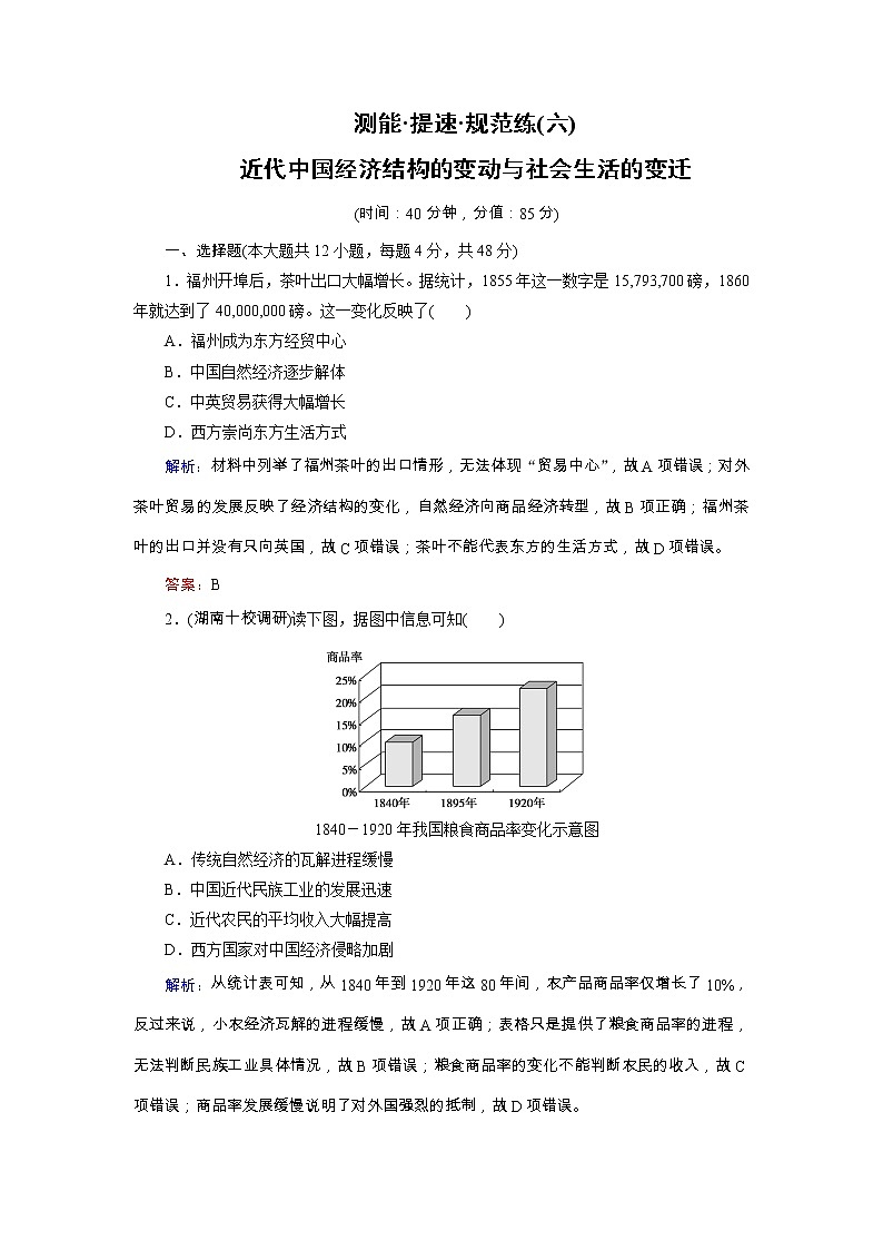高考历史二轮专题复习文档：专题6 近代中国经济结构的变动与社会生活的变迁（规范练）（含详解）第1页
