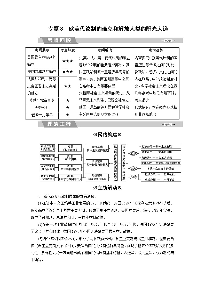 高考历史二轮专题复习文档：专题8 欧美代议制的确立和解放人类的阳光大道（含详解）第1页