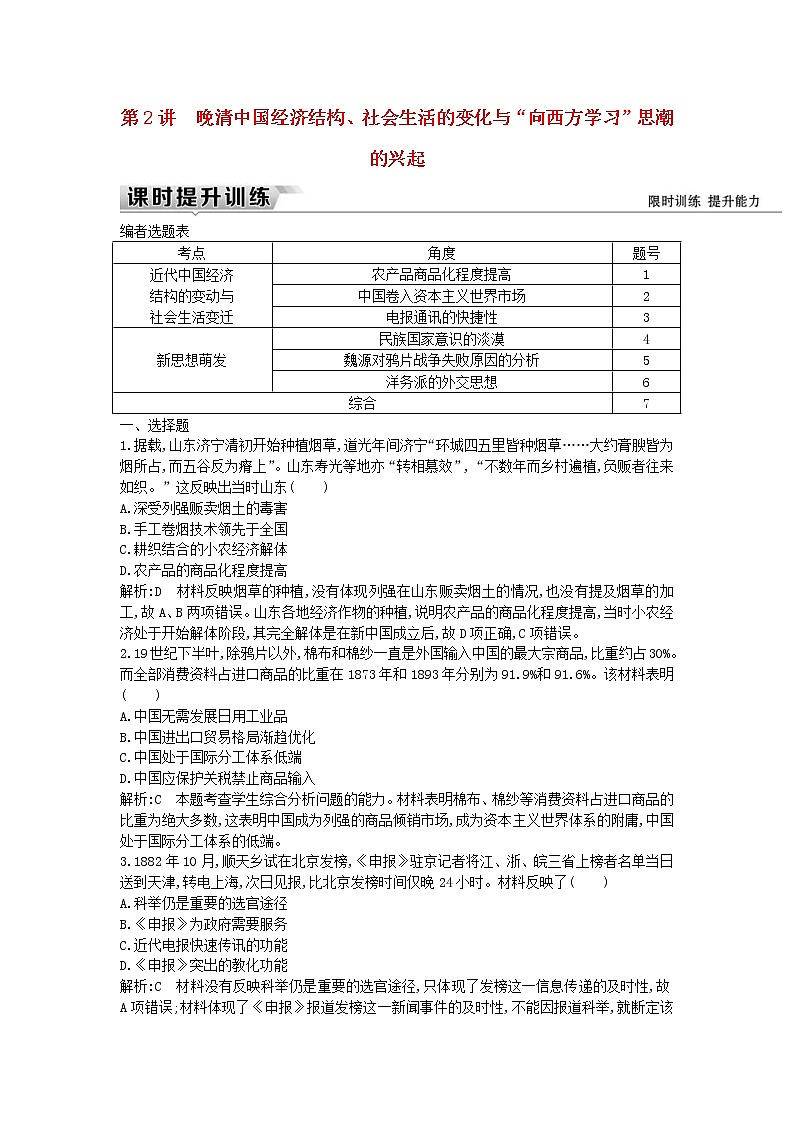 高考历史一轮复习训练题： 6.2《晚清中国经济结构、社会生活的变化与“向西方学习”思潮的兴起》 (含详解)第1页