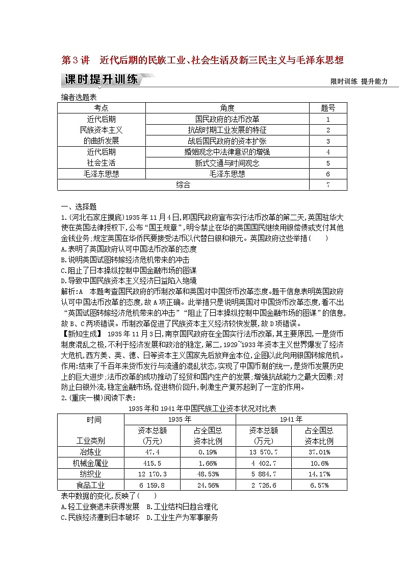 高考历史一轮复习训练题： 8.3《近代后期的民族工业、社会生活及新三民主义与毛泽东思想》 (含详解)第1页