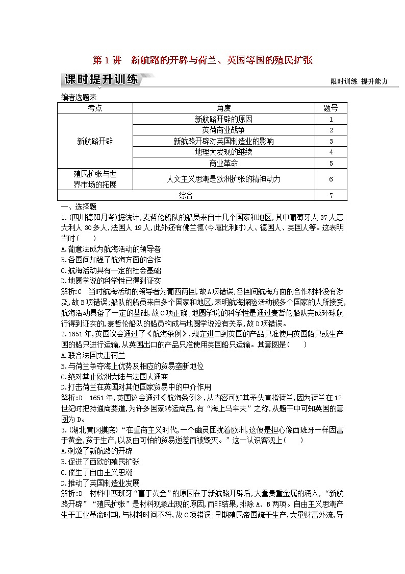 高考历史一轮复习训练题： 12.1《新航路的开辟与荷兰、英国等国的殖民扩张》 (含详解)第1页