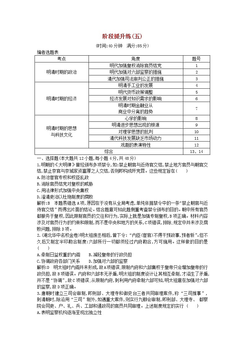 高考历史一轮复习训练题： 阶段提升练05 (含详解)第1页