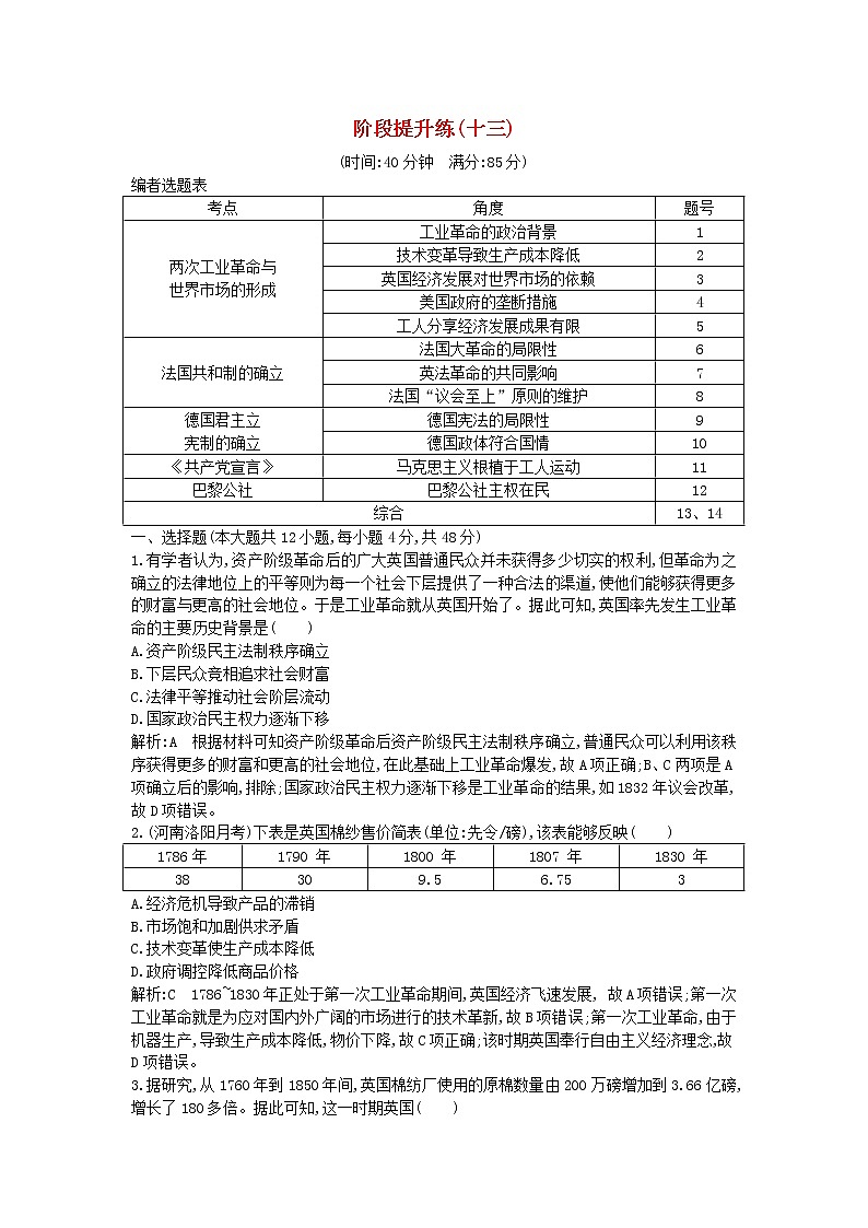 高考历史一轮复习训练题： 阶段提升练13 (含详解)第1页
