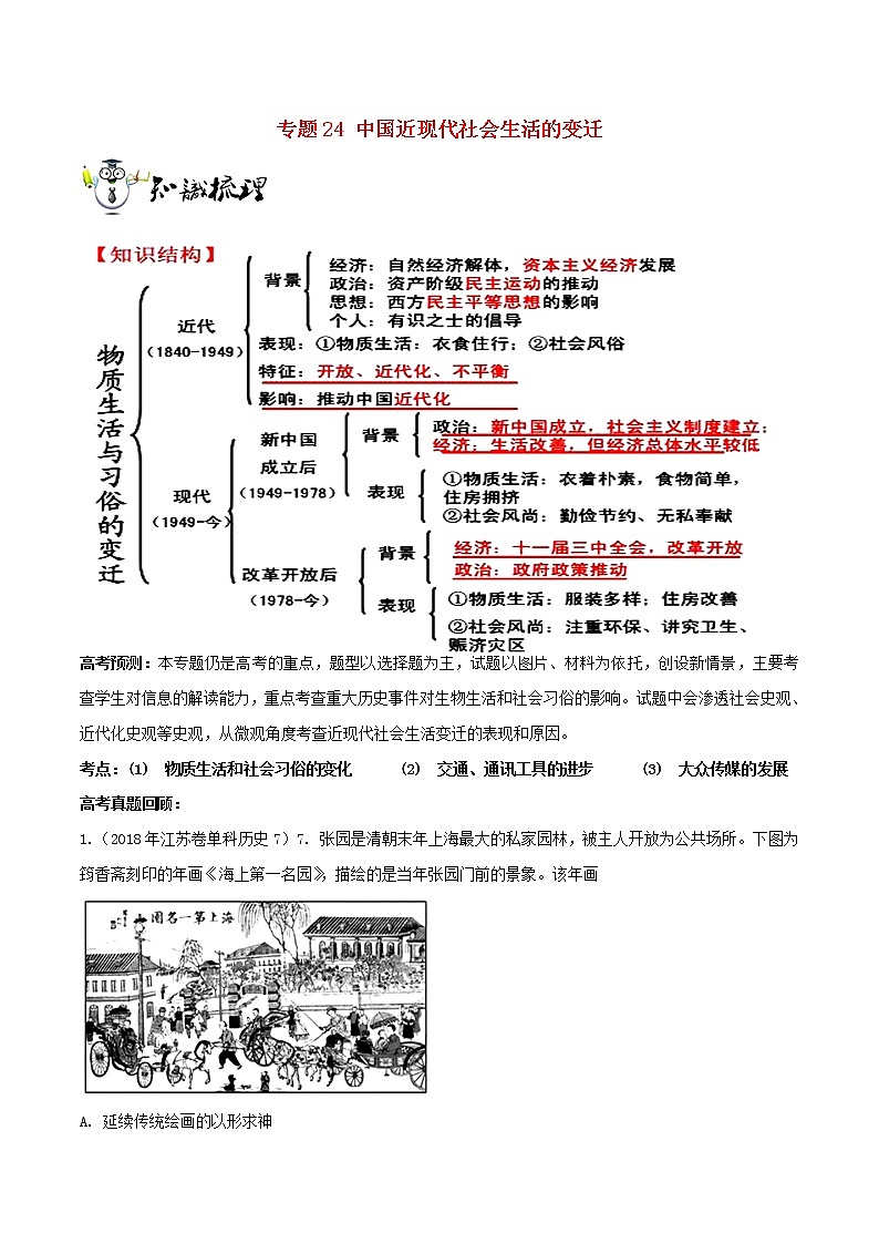 高考历史一轮复习冲刺专题24《中国近现代社会生活的变迁突破》（含详解）第1页