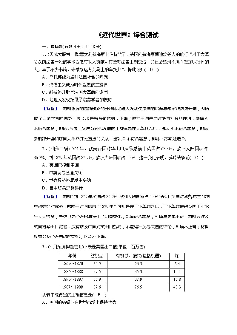高考历史二轮专题复习试题：现代世界和现代中国 现代世界综合测试（含详解）第1页