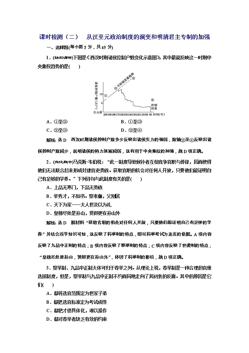 高考历史一轮课时检测02《从汉至元政治制度的演变和明清君主专制的加强》（含详解）01