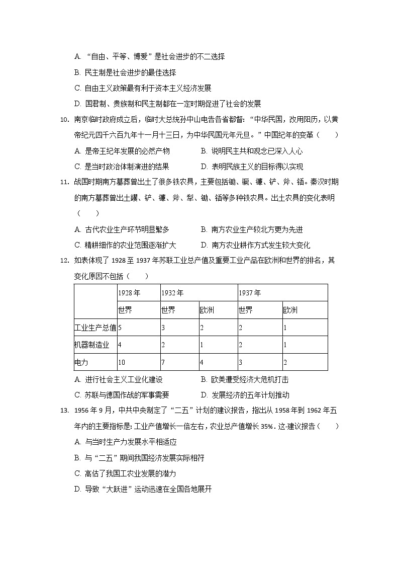 2022届安徽省桐城中学高三上学期摸底考试历史试题含答案第3页