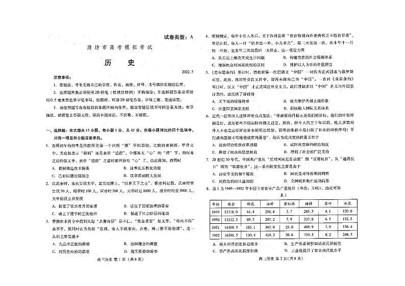 2022届山东省潍坊市高三一模统考历史试题01