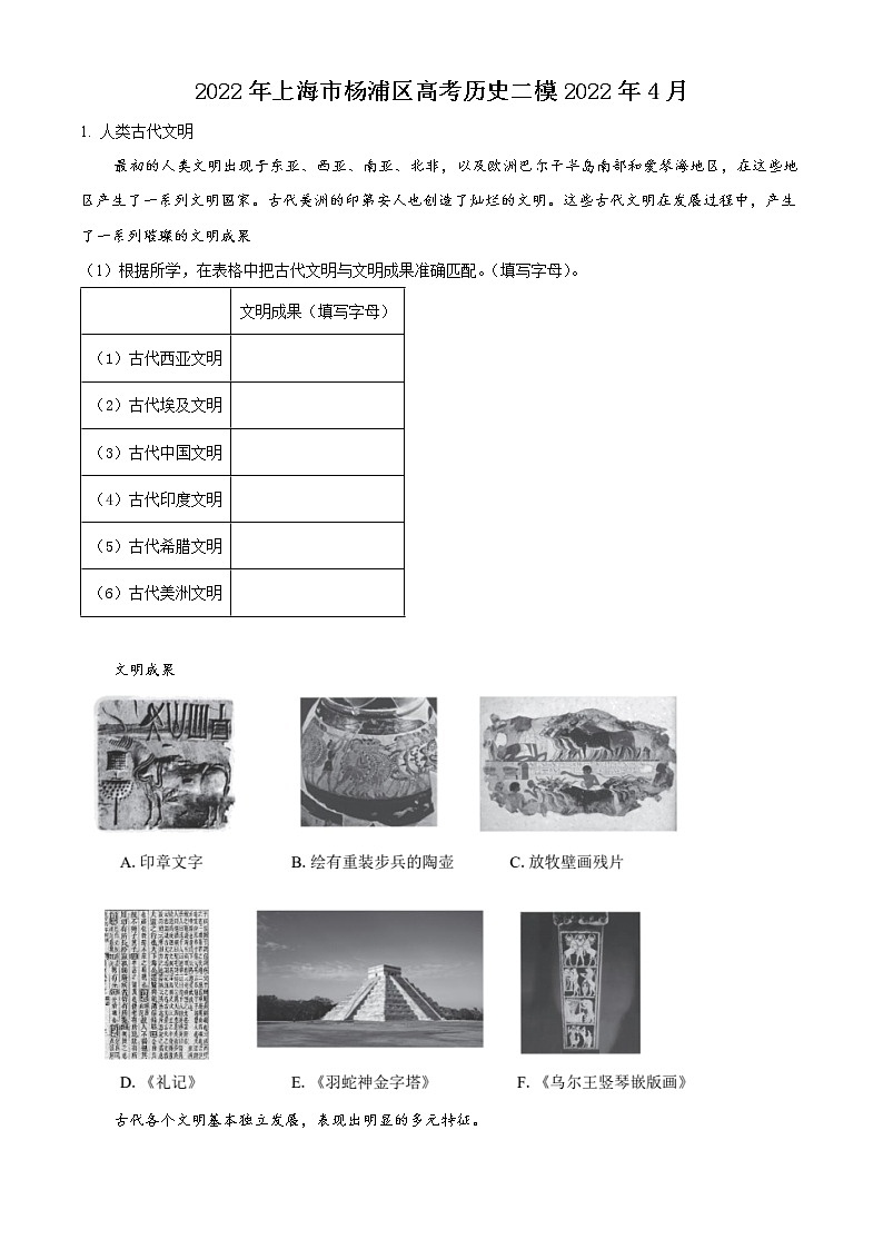 上海市杨浦区2022届高三二模历史试题（原卷版+解析版）01