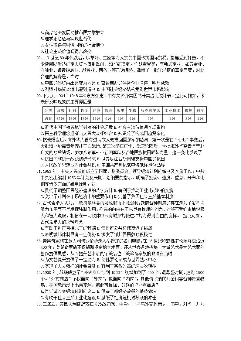 2022安庆示范高中高三下学期4月联考试题文综历史含答案02