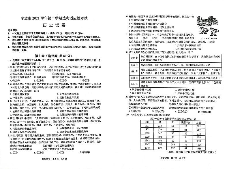 2022宁波高三下学期4月二模考试历史含答案01