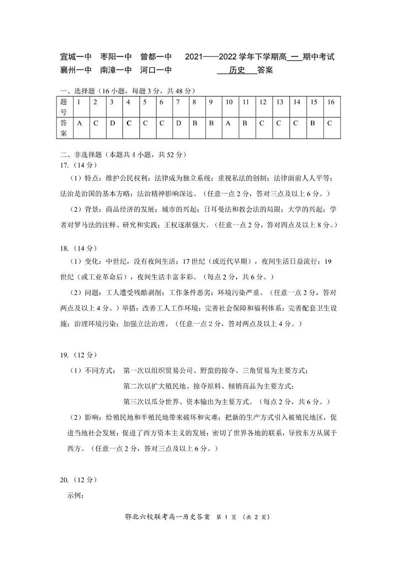 湖北省鄂北六校2021-2022学年高一下学期期中联考历史答案第1页
