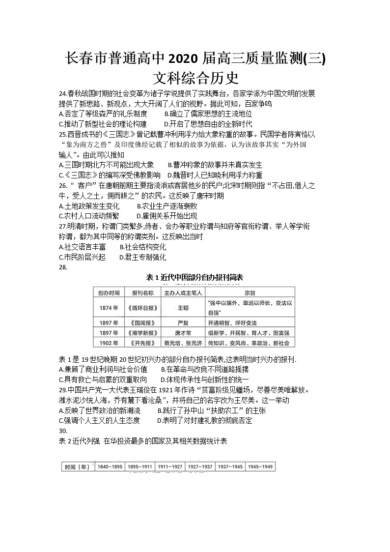 吉林省长春市普通高中2020届高三质量监测（三）（三模）历史试题 Word版含答案第1页