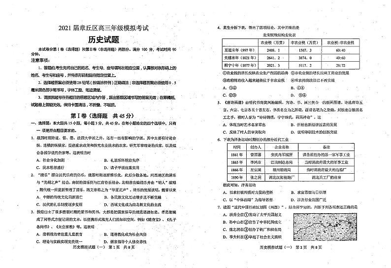 山东省济南市章丘区2021届高三下学期4月二轮阶段性测试（二模）历史试题 PDF版含答案01